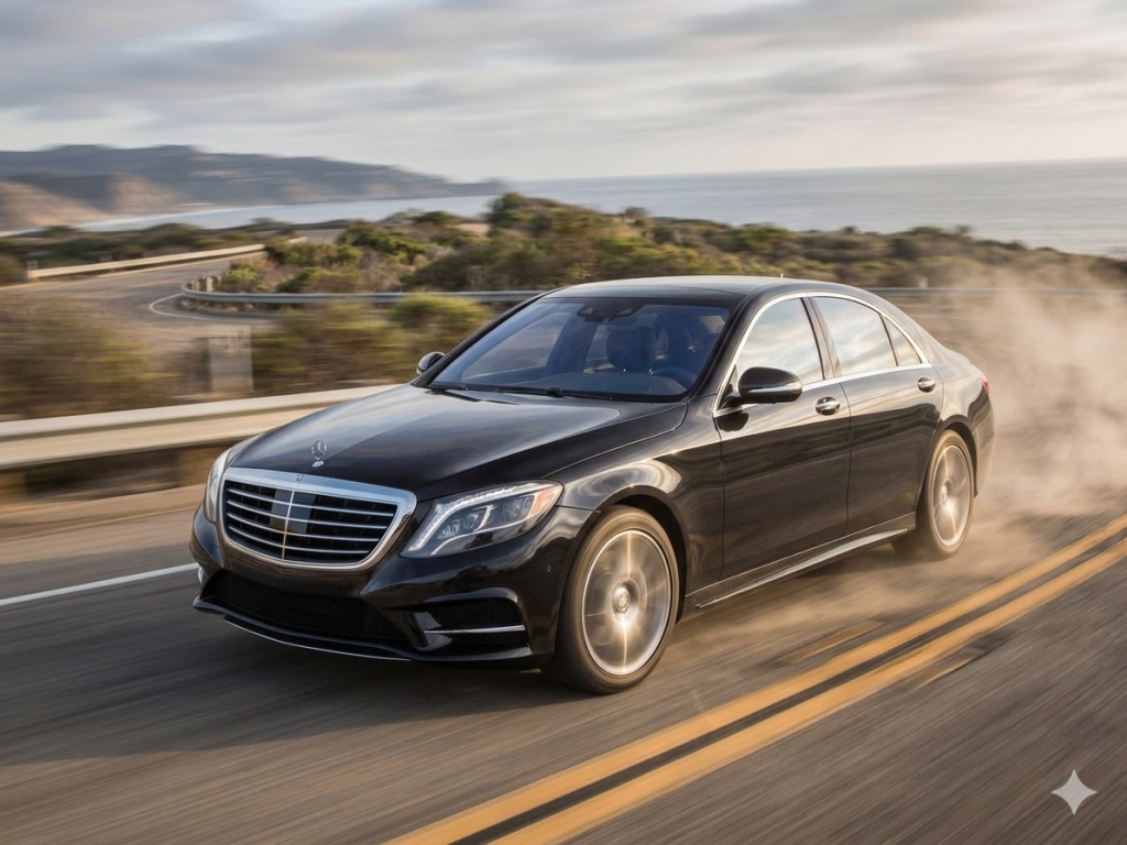 A black luxury sedan on a coastal road near San Francisco